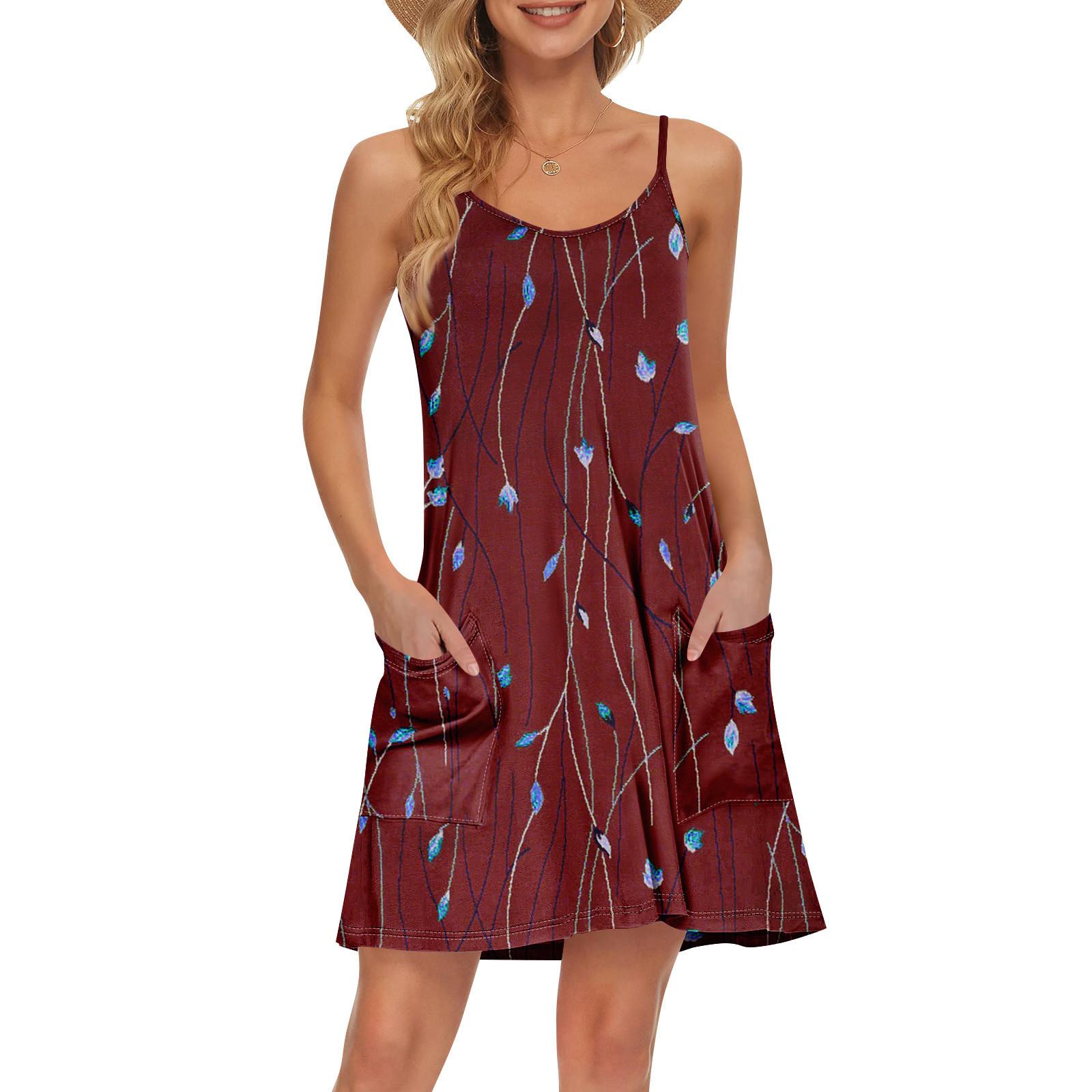 

Женский летний повседневный сарафан на бретелях с карманами, короткие пляжные платья-майки для отпуска L винный