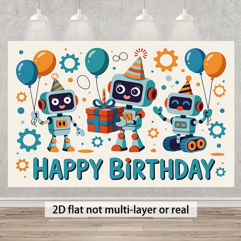 Sfondo Felice Compleanno Robot 2D Blu-Verde Arancione Sfondo Fotografia Bambini
