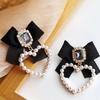 Black Bowknot Square Glass Heart Charm Drop Earrings Gold Color Heart Metal Imitation Pearl Surround Ins Girls Party Jewelry