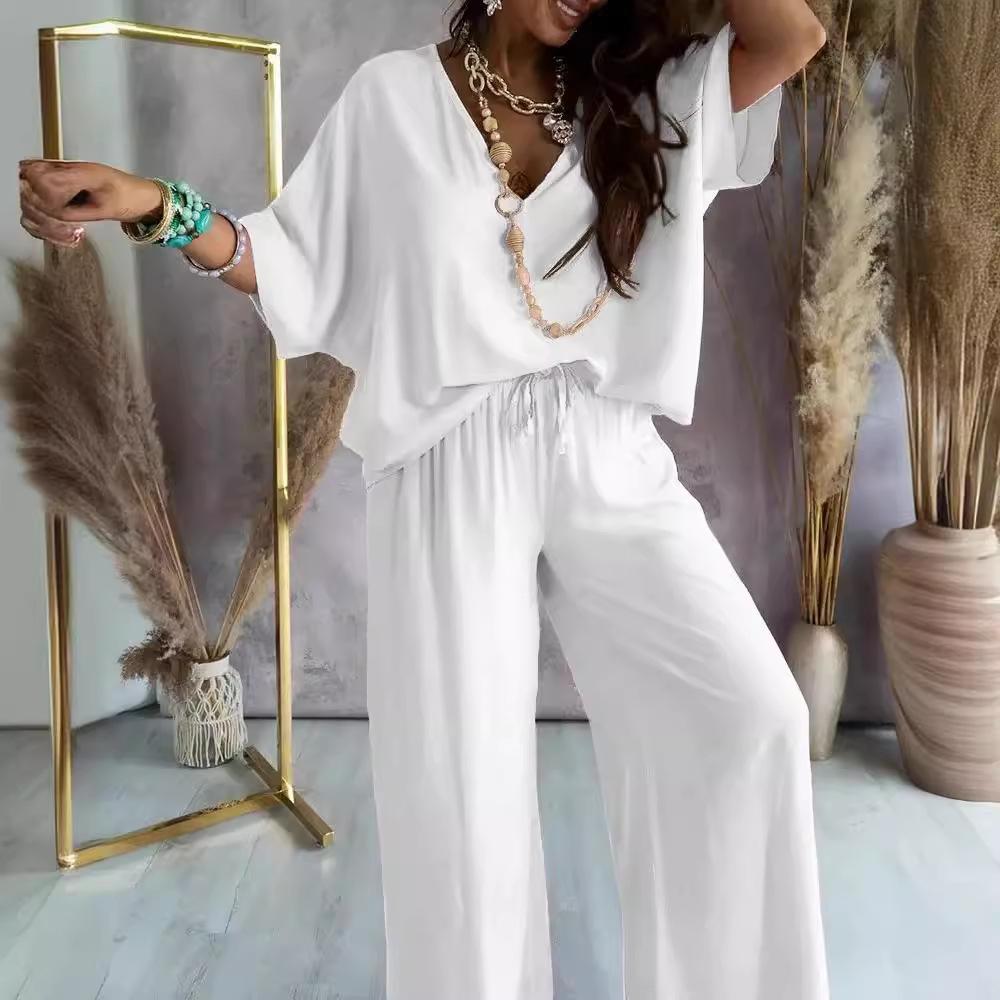 Long Pant Sets Summer Two Piece Set For Women V Neck Bat Sleeve Casual Loose Wide-leg Pants 2 Piece Set Solid Color Outfits