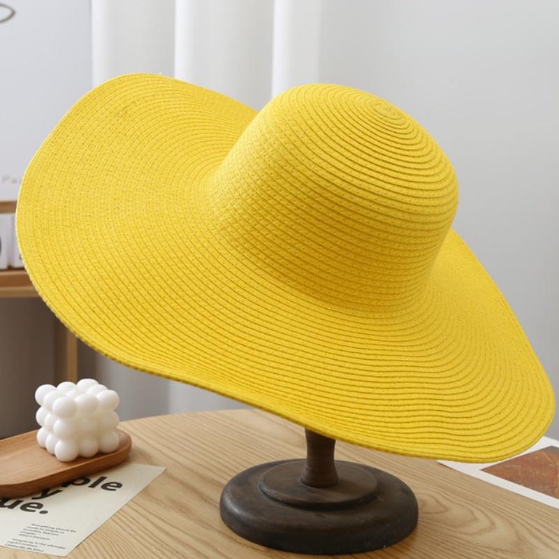 15cm Wide Brim Straw Hats For Women Summer Floppy Foldable Portable Beach Hat Girls Simple Solid Color Uv Protection Lady Panama