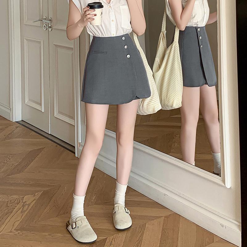Women's High-Waisted Gray A-Line Skirt Shorts - Spring 2025 Casual Wide-Leg Design