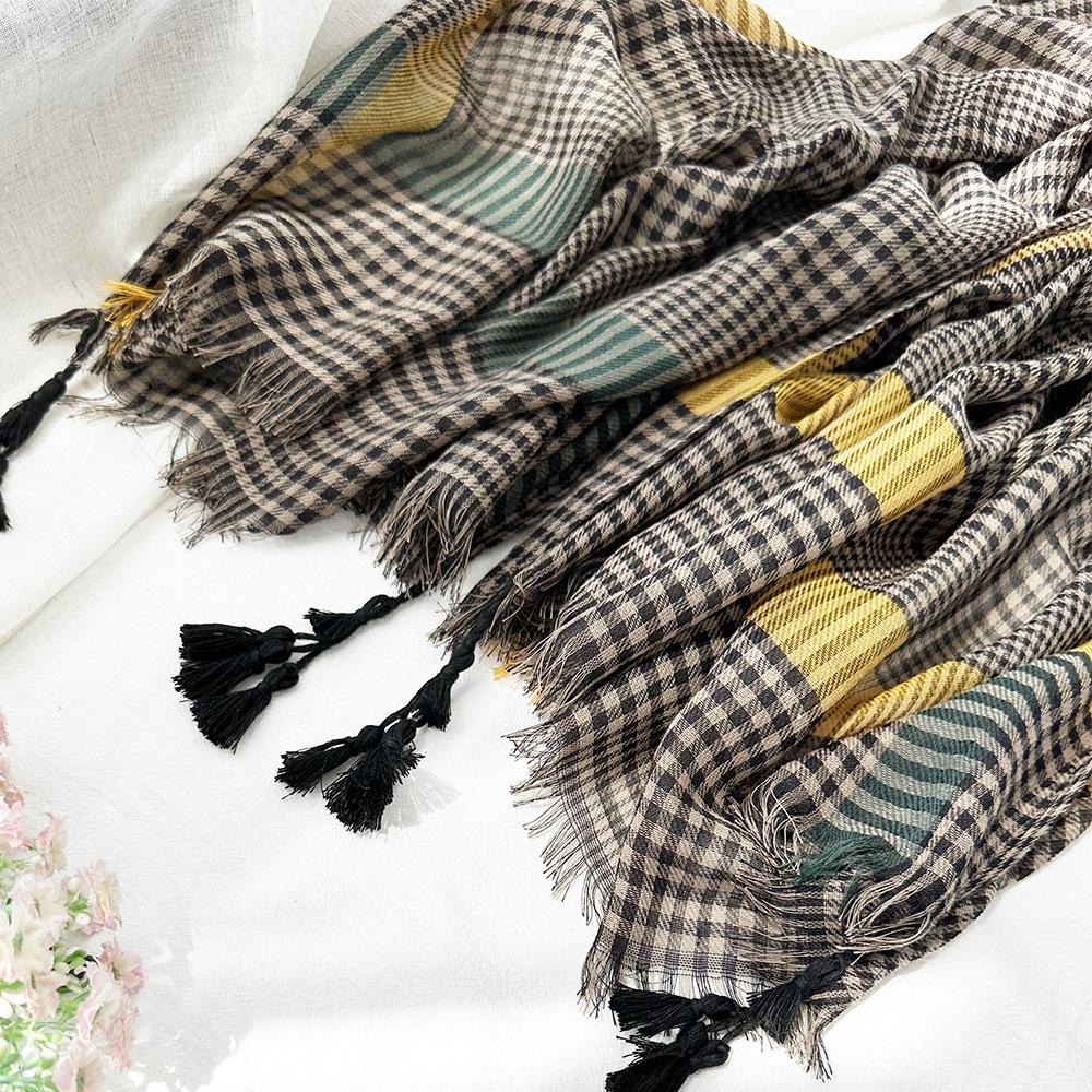 Classic thousand bird grid scarf female, simple style fringed grid silk scarf shawl scarf