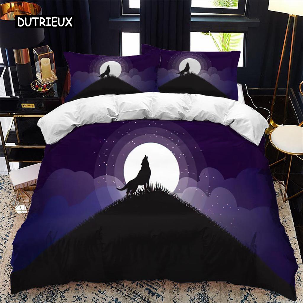 Tier Silhouette Bettbezug Set Heulen unter dem Mond Tier Thema Bettdeckenbezug für Kinder Jungen Mikrofaser King Twin Bettwäsche Set