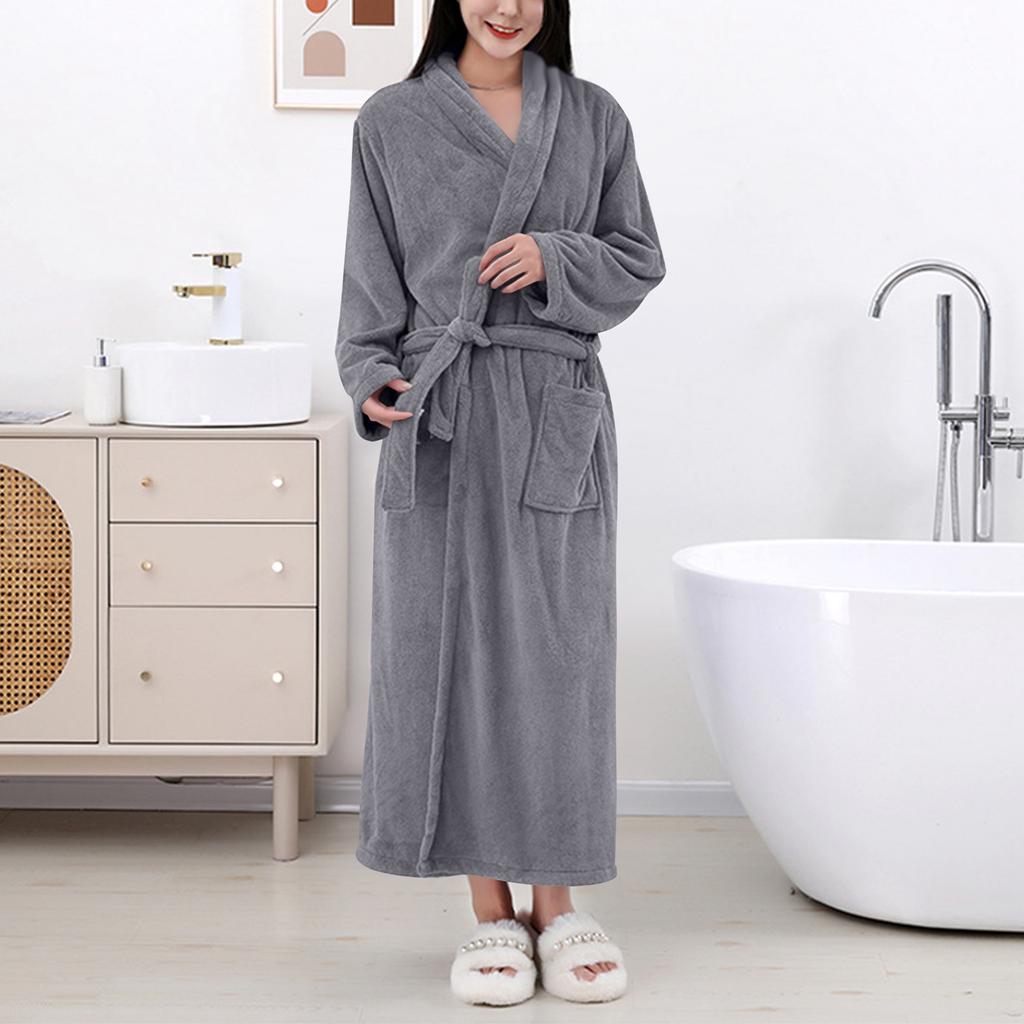 Women's Solid Color Long Sleeve Winter Warm Bathrobe Home Wear Plush Pajamas Nightgown