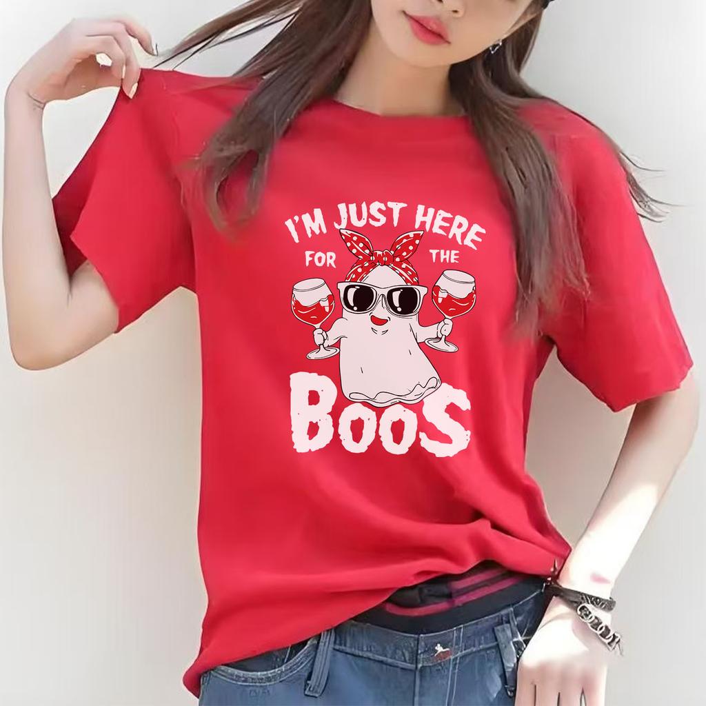 Halloween BOO red wine glass cartoon printed short sleeved round neck versatile fashion Womens Tshirt for spring and summer