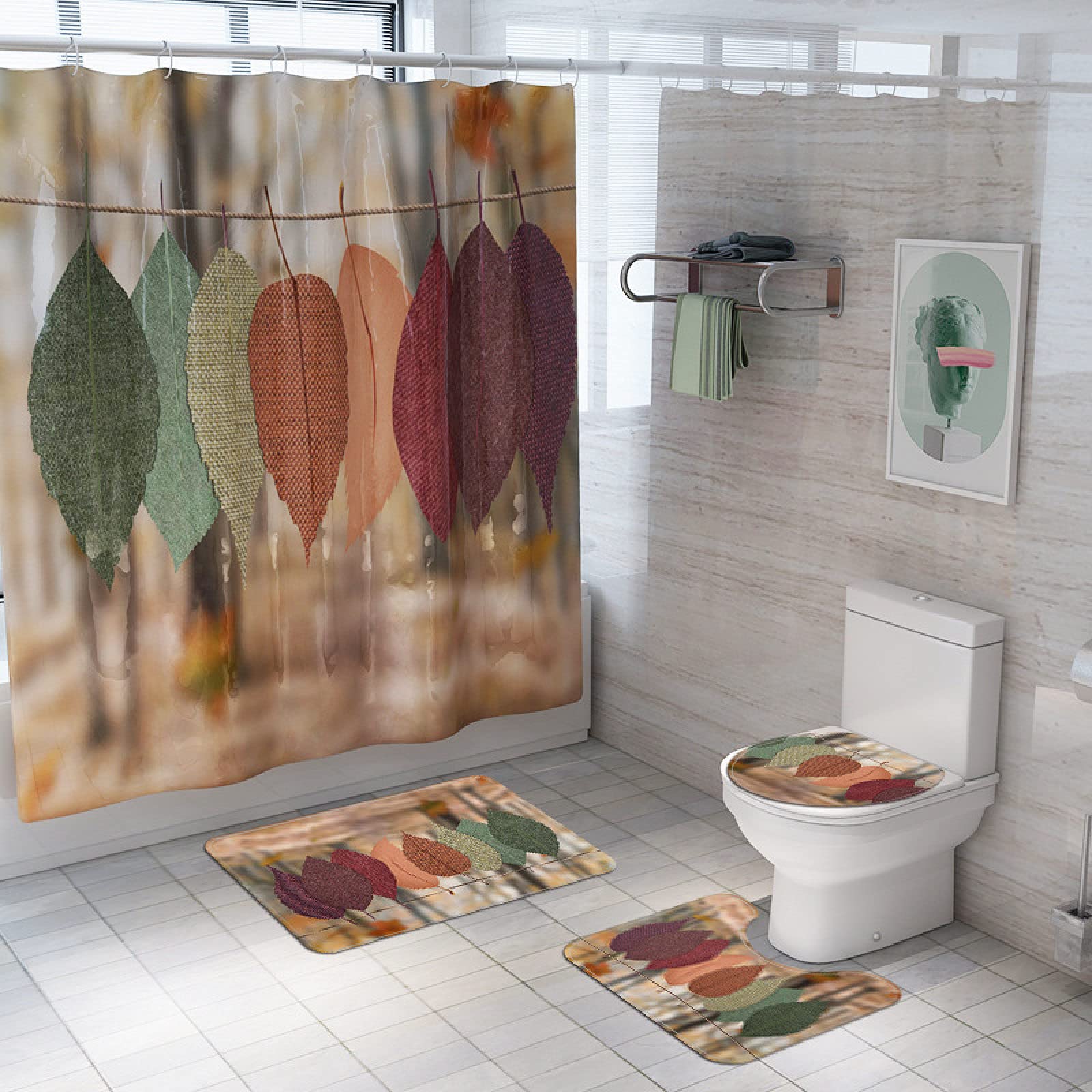 

Forest Leaves Trail Waterproof Bathing Shower Curtain Set With 12 Hooks Toilet Covers Bath Mat For Bathroom Non-Slip Rug Carpet W60H190(CM)-1 Pcs