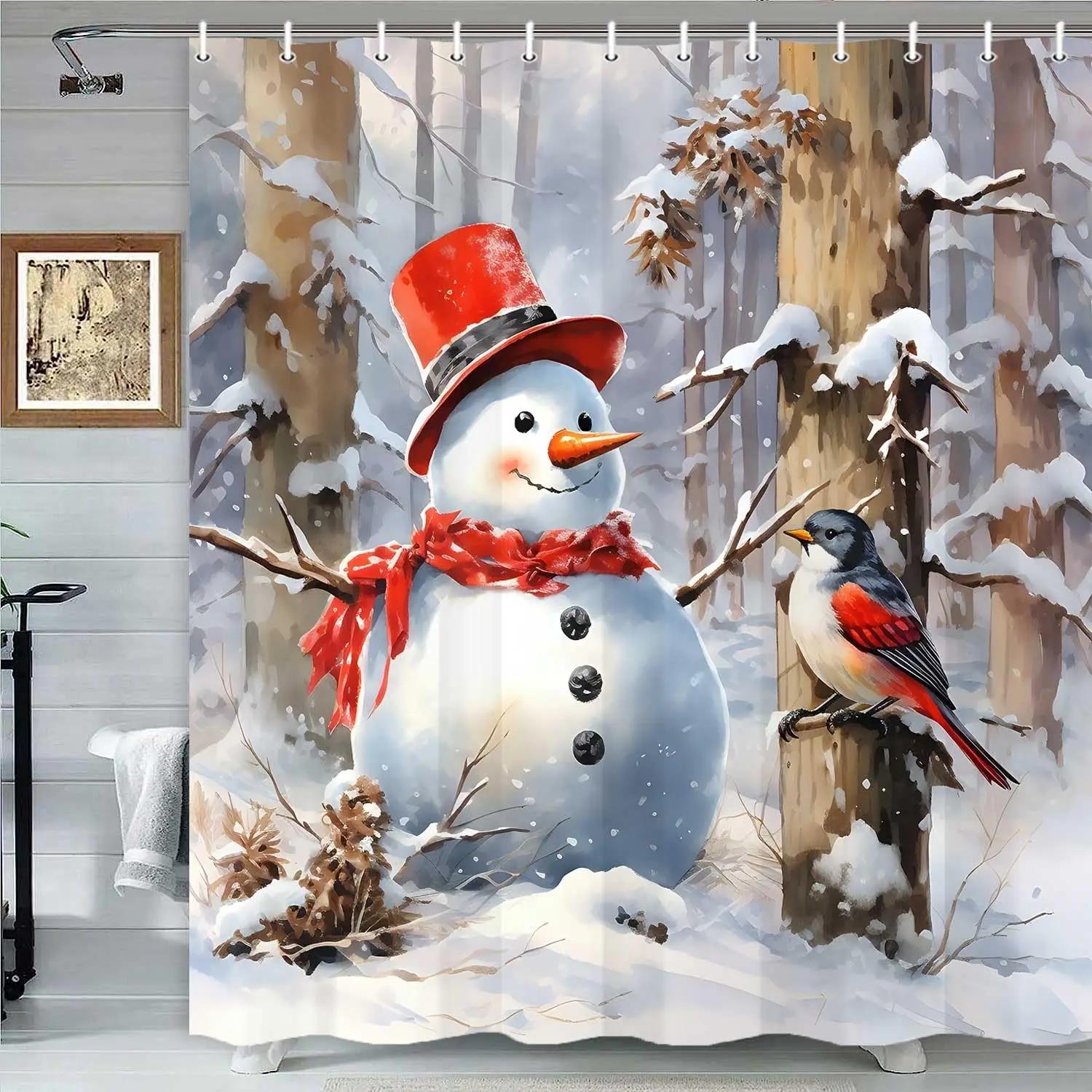 Winter Christmas Shower Curtain, Cute Snowman Snowflake Scene Holiday Decor Bath Curtain for Bathroom, Farmhouse Xmas Covered 90x180cm