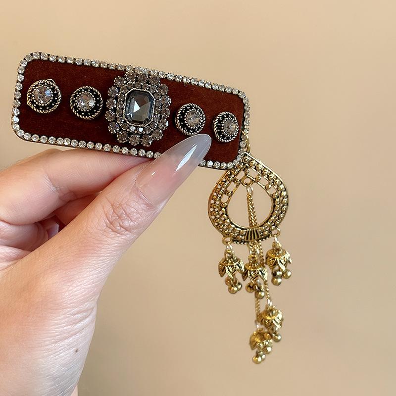 Diamond-encrusted Square Love Pearl Tassel Hairpin New Chinese Retro National Style One-word Clip Fashion Guochao Hair Accessories Women