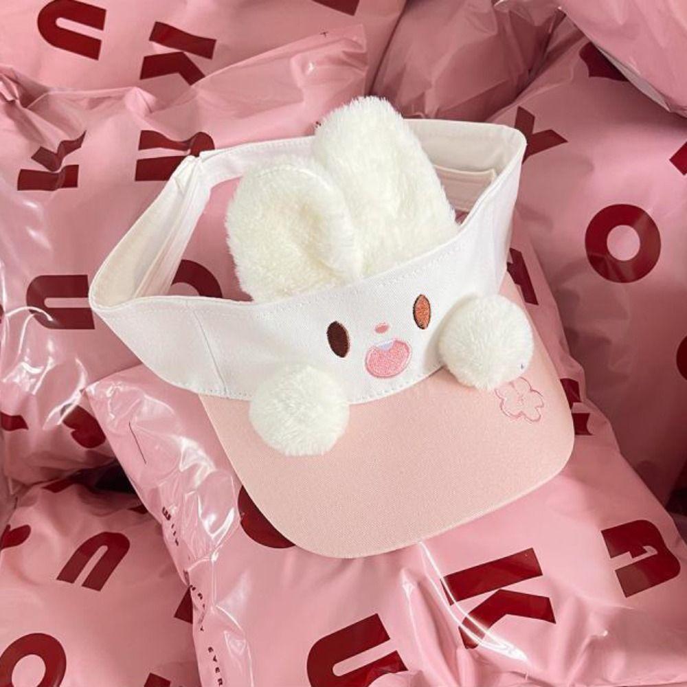 Sunscreen Rabbit Hiking Visor Cap Plush Pink Rabbit Sun Hat Bunny Ear Hollow Hat Mountaineering