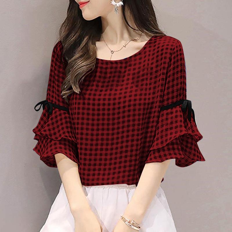 

ZANZEA Женская повседневная блузка с круглым вырезом и рукавами 3/4, летняя блузка в клетку 5XL вино красного