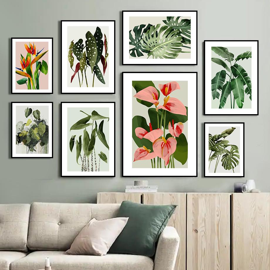 Green Plant Monstera Scallop Boho Abstract Flower Nordic Wall Art Canvas Painting Posters Prints Pictures for Living Room Decor No Frame