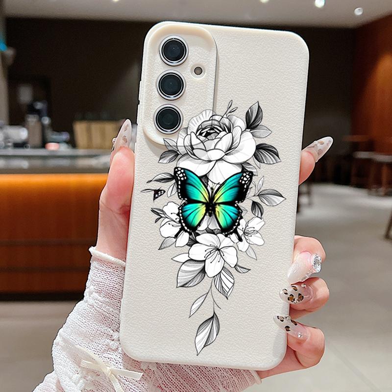 

Мягкий тонкий чехол TPU с рисунком бабочки для Samsung S25 S24 FE S23 Ultra S22 S21 A16 A56 A36 A55 A15 с текстурой кожи, противоударный матовый чехол для телефона Samsung A52 / A52S белый/бежевый