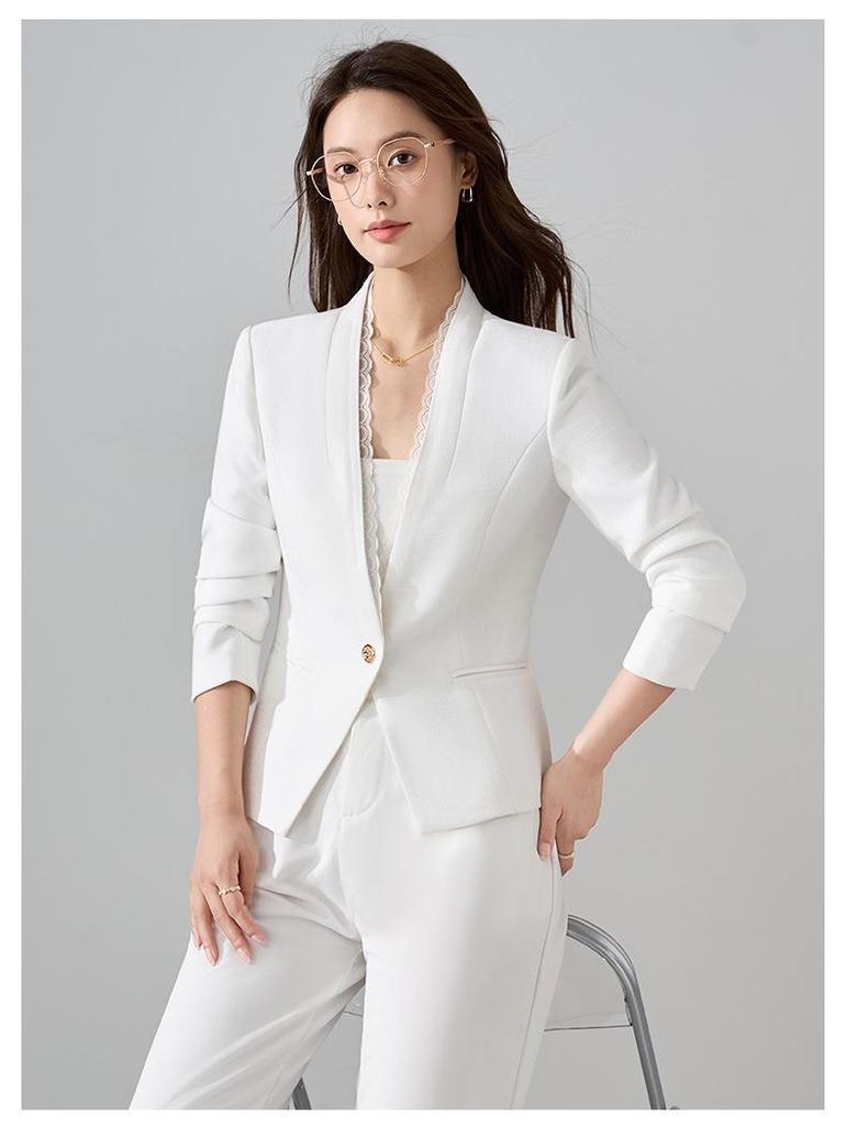 Women's White Lace Long Sleeve Blazer - Slim Fit, Short Style, Versatile for Autumn 2025