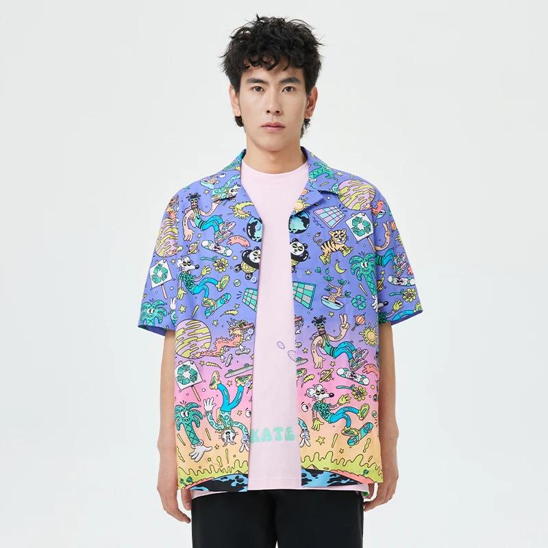 Li Ning X Steven Harrington Cartoon Anime All Over Print Loose Short Sleeve Shirt Men Shirts Purple ASHT017-2