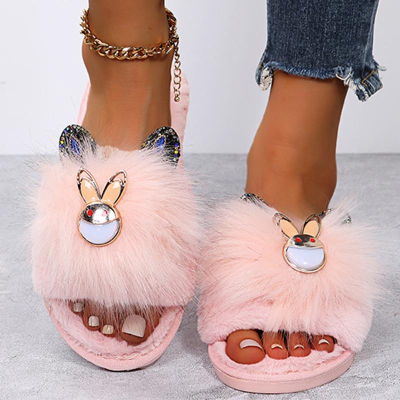 Fashion Cute Cartoon Animal Fur Slippers Women Open Toe Lightweight Plush Slippers Woman Winter Indoor Faux Fur Cotton Slides Ladies