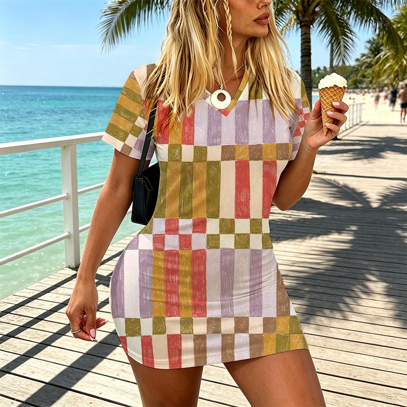 V-Neck Short Sleeve Simple Plaid Dress Fitted, Comfy Chic Summer Women's Dress, Versatile for Casual Outings & Party Wear