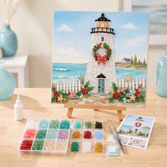 Cozy Holiday Afternoon Activities Christmas Lighthouse Mosaic Art Kit for Adults, DIY Coastal Craft with Acrylic Tiles Colorful Pieces, Decoration