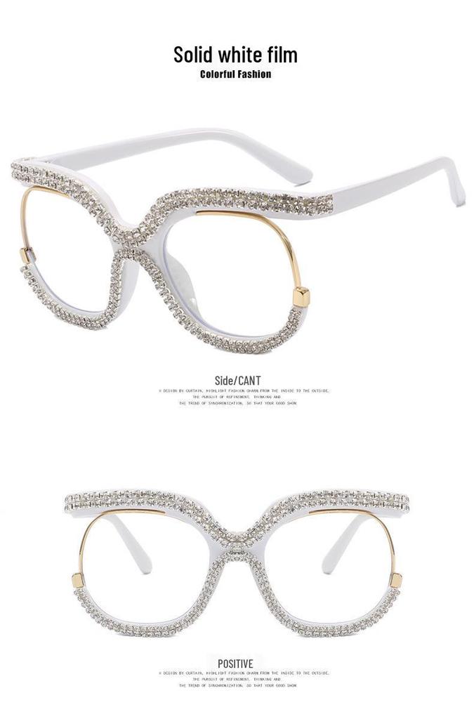 European & American Anti-blue Light Women's Glasses with Clear Lenses and Rhinestone-Inlaid Frame