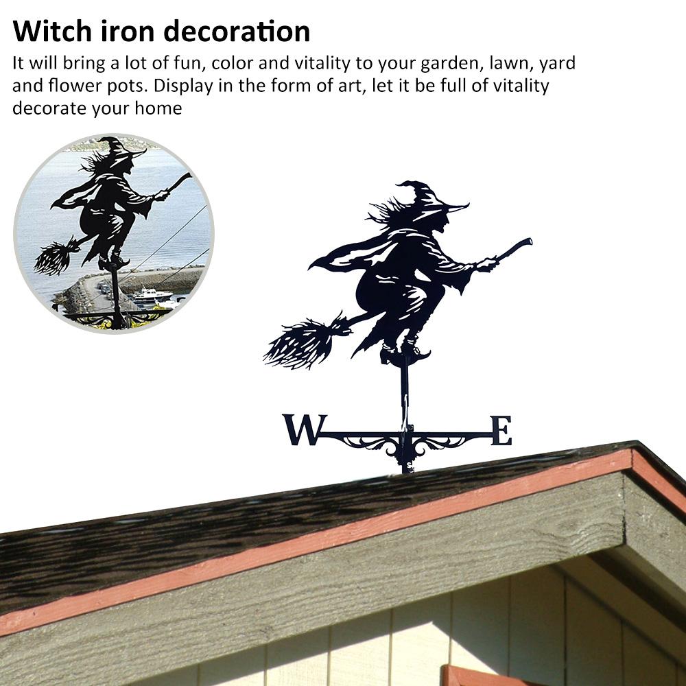 Retro Witch Shape Weathercock Iron Weather Resistant Wind Direction Indicator Creative Weathervane Halloween Garden Roof Decor