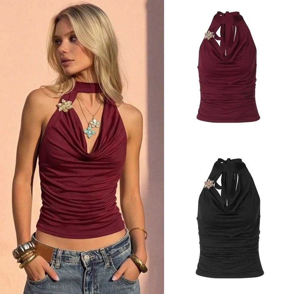 Sleeveless Lace-up Camisole Pleated Backless Vest Women Tank Top Hanging Neck Top  Girl