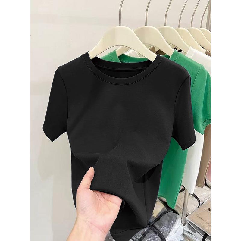 Women's Pink Thickened Brushed Cotton Short Sleeve T-shirt - Korean Style, Straight Shoulder, Round Neck for Spring, Summer, Autumn (2026 New)