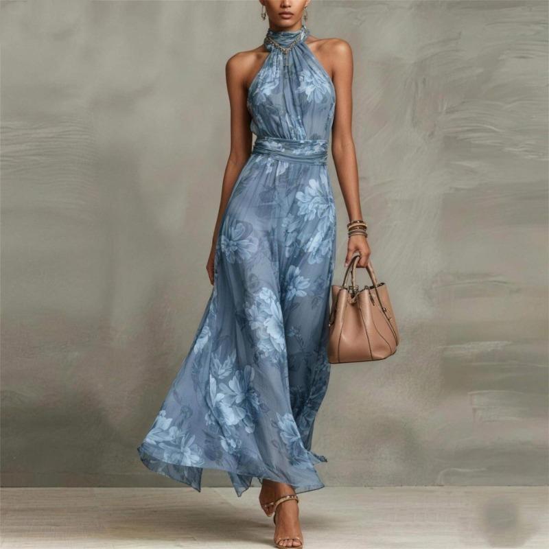 TIFICY Women's Fashion Summer Spring Flower Pattern Print Sleeveless Hanging Neck High Waist Casual Dresses