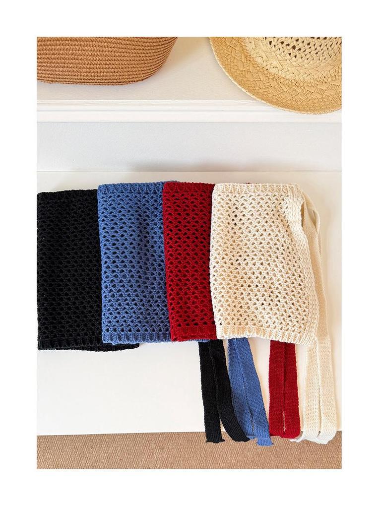 Korean Style Red Knit Hollow Skirt with Decorative Straps - Women's Spring/Summer Layered Outerwear