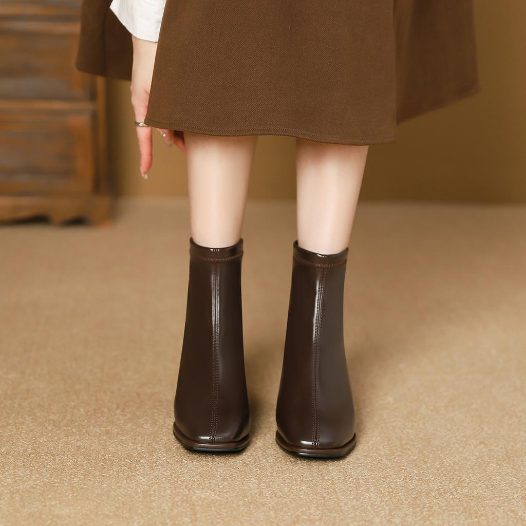 High Heel Square Head Short Boots Martin Boots Spring and Autumn Fleece Single Boots Women's Boots Rear Zipper Short Boots Women's Thick Heel Boots