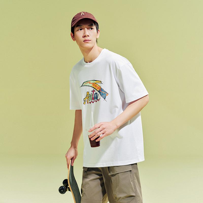 Anta Classic Logo Print Graffiti Casual Fashion Loose Comfortable Breathable Sweat-Absorbing Knitted Short Sleeve T-Shirt Men Tops 952628105-11