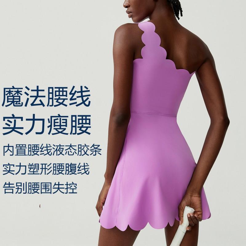 Womens One-Shoulder Wave-Trimmed Sporty Tennis Jumpsuit With Liquid Glue Waist Support Quick-Dry Fitness Bodysuit Gym Running