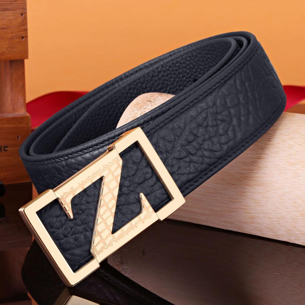 Men's Z Letter Business Casual Buffalo Leather Belt with Stainless Steel Buckle