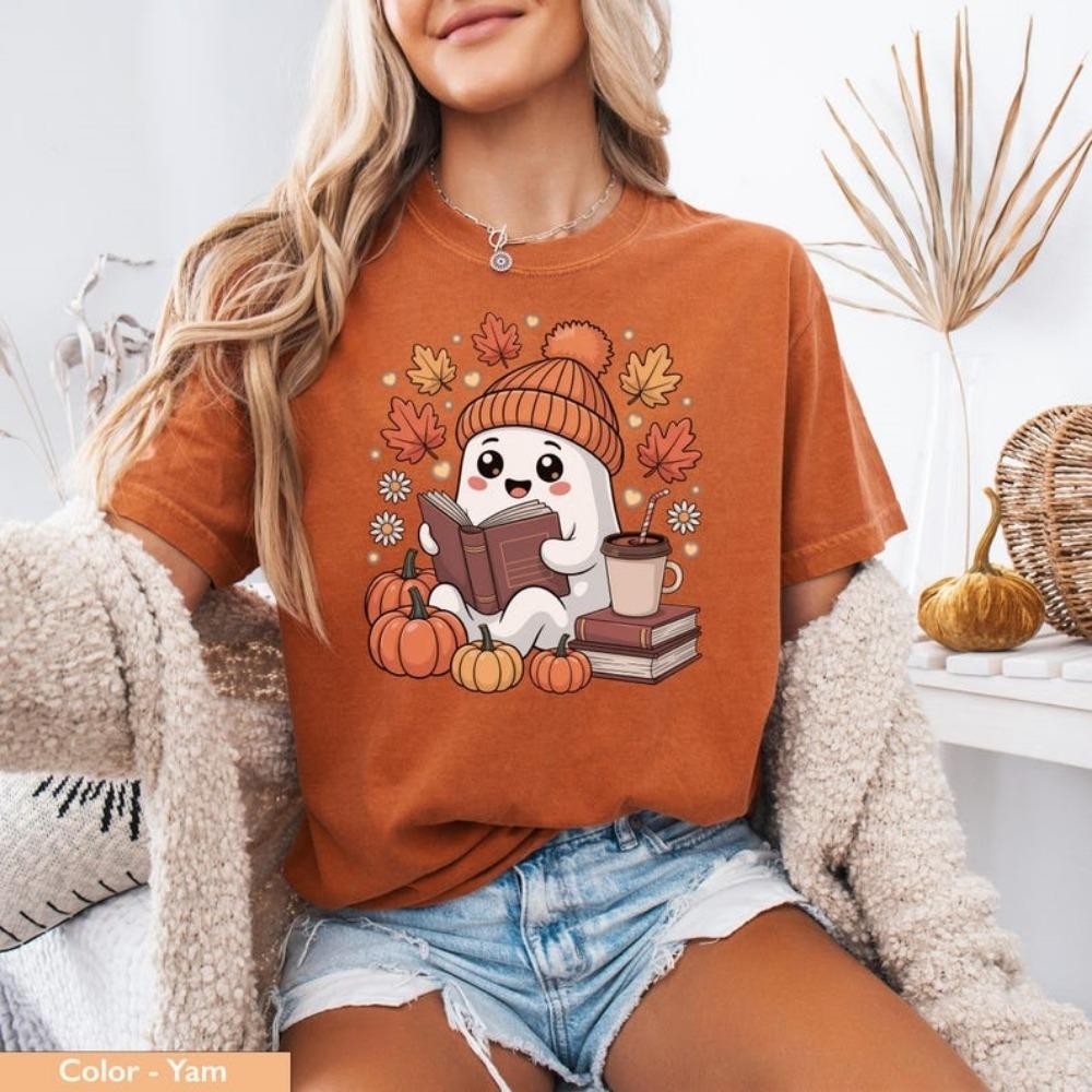 New Hot Cute Ghost Reading Enthusiast Halloween Ghost Coffee Women's T-shirt Kawayi Pattern T-shirt