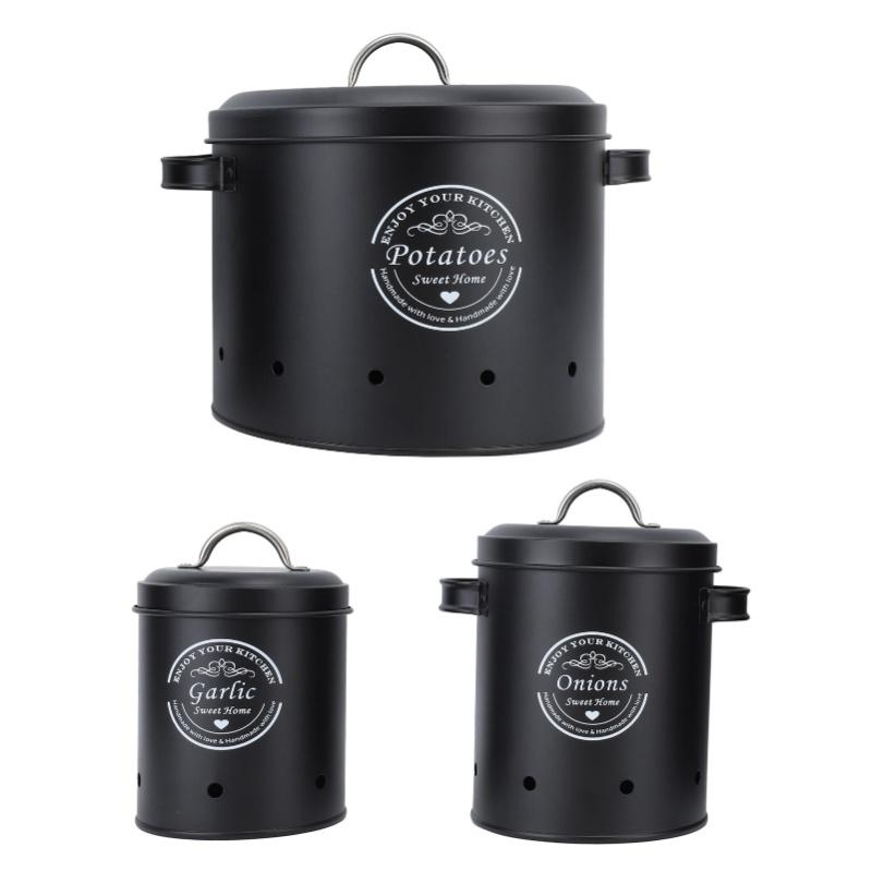 3 ks nádoba na brambory a cibuli, uhlíková ocel, venkovský styl, držák na brambory, kuchyňské dózy, sklenice, nádoby na pracovní desku