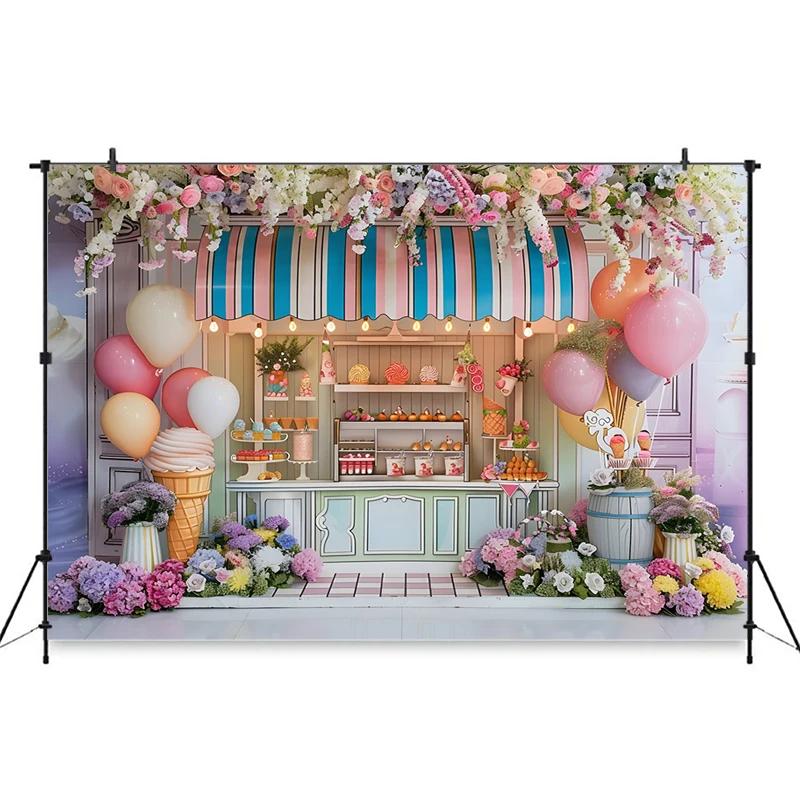 Ice Cream Backdrop For Photography Cake Crush Dessert Shop Balloon Flower Background Wedding Birthday Party Decoration Backdrops