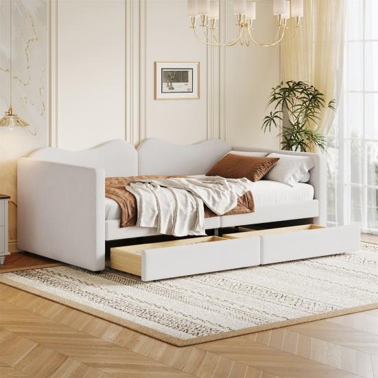 Fabric Cover Upholstered Bed with 2 Drawers Headboard Backrest Armrests Strong Wood Slat Support Bed Home Furniture