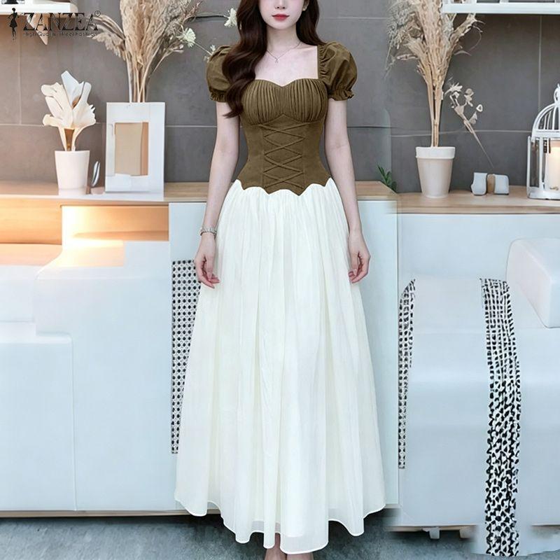 ZANZEA Women Elegant Square Collar Casual Short Sleeve Splice Long Dress