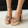 Plus Size Metallic Plaid Microfiber Material Ultra Thick Heel Peep Toe Sandals Ankle Cross Buckle Sexy Elegant High-Heeled Sanda