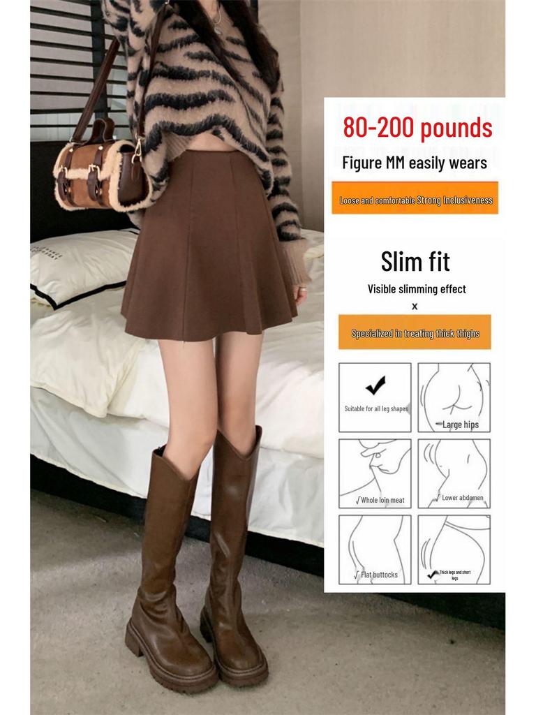 Women's Plus Size Woolen A-Line Mini Skirt: Petite, Hip-Covering, Slimming, Bodycon Style for Autumn/Winter.
