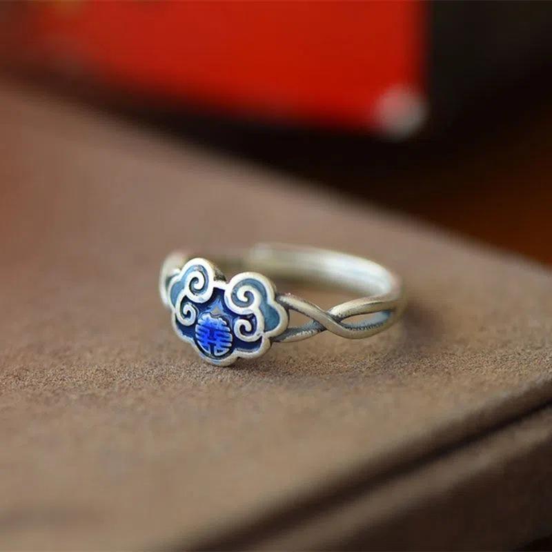 Guochao Ruyi Double Happiness S925 Silver Cloisonné Adjustable Ring - Retro Ethnic Wedding Accessory for Men and Women.