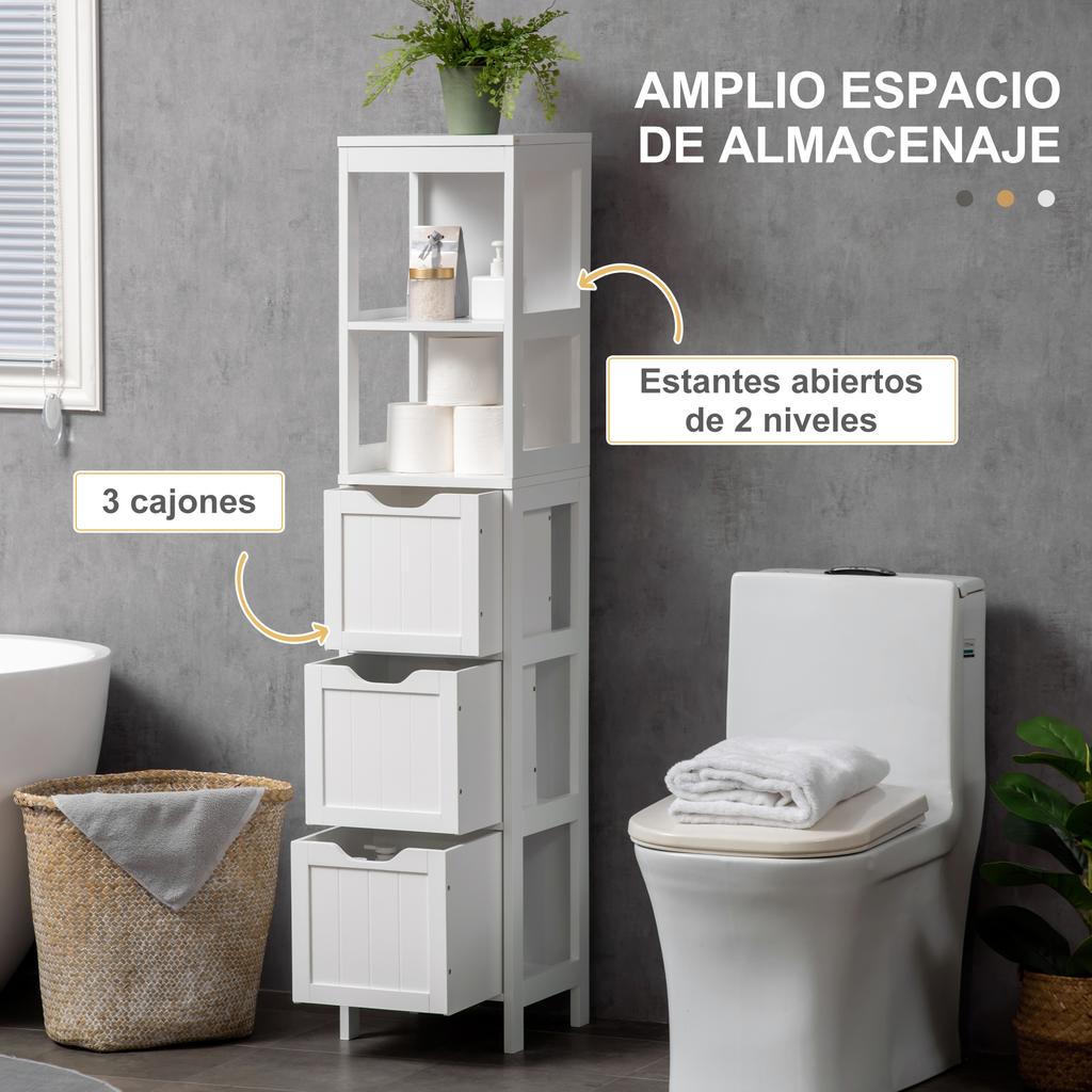 Narrow Floor Cabinet, Bathroom Cabinet with 3 Drawers and 2 Open Shelves, 30W x 30D x 141.6Hcm, White