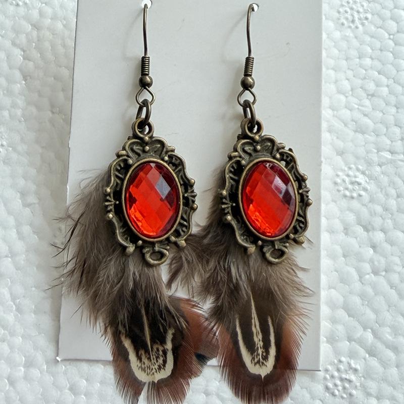 Bohemian Retro Red Diamond Feather Tassel Earrings