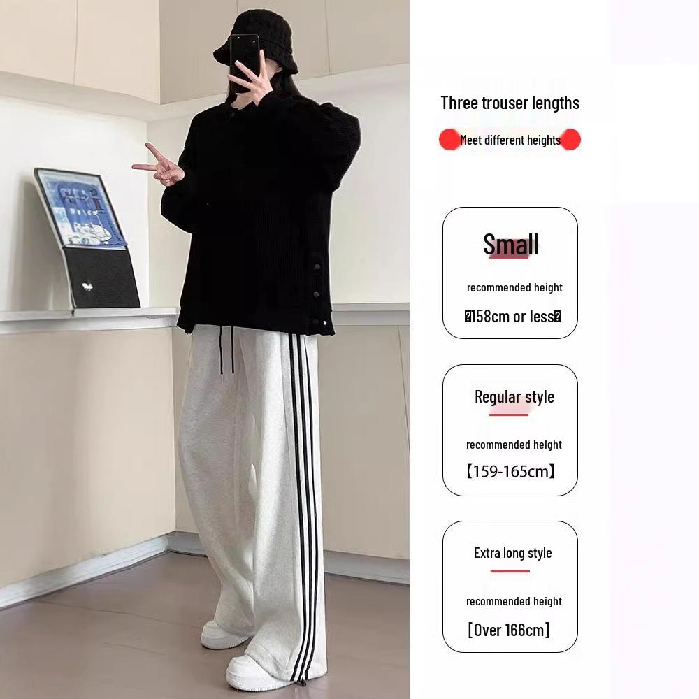 

Petite Grey Wide-Leg Sweatpants with Three Stripes and Drawstring Cuffs, 150cm - Perfect for Casual Spring/Summer Wear S (for 80-95lbs)