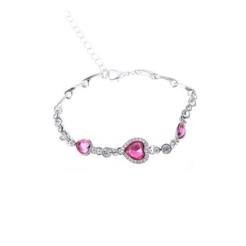 4 Colors Lucky Bracelet For Female Girls Blue Pink Rhinestone Heart Charm Bracelet Ladies Bridal Wedding Senior Jewelry Gifts