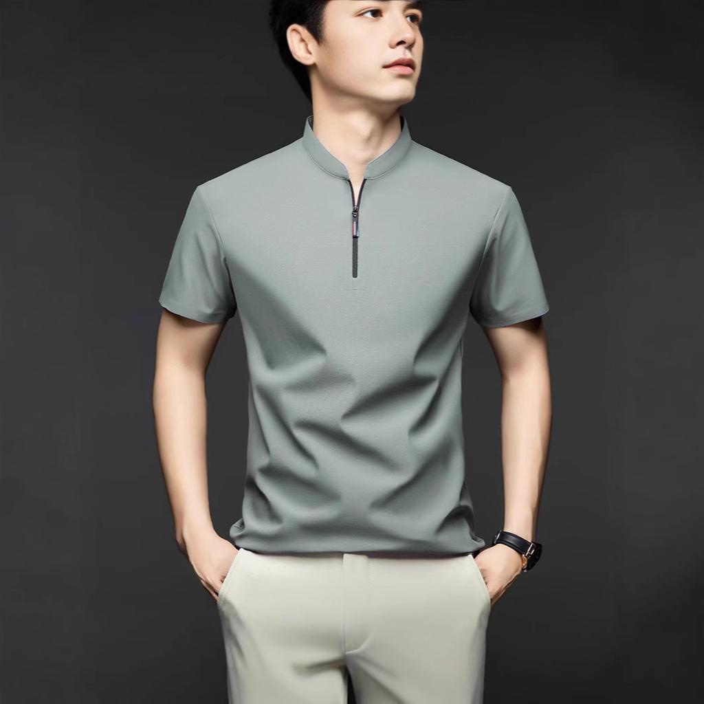 Men's Casual Fashion Solid Color Short Sleeved Polo Shirt Stand Up Collar Versatile Comfortable Top