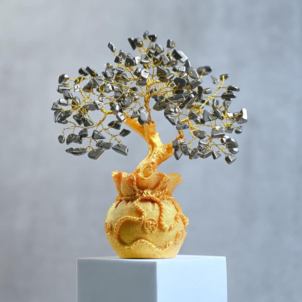 Piramida Kryształowa Drzewo Życia Bonsai – Złota Ozdoba Feng Shui na Bogactwo i Harmonię – Dekoracja Stołu do Domu i Biura (7 x 3 cale)