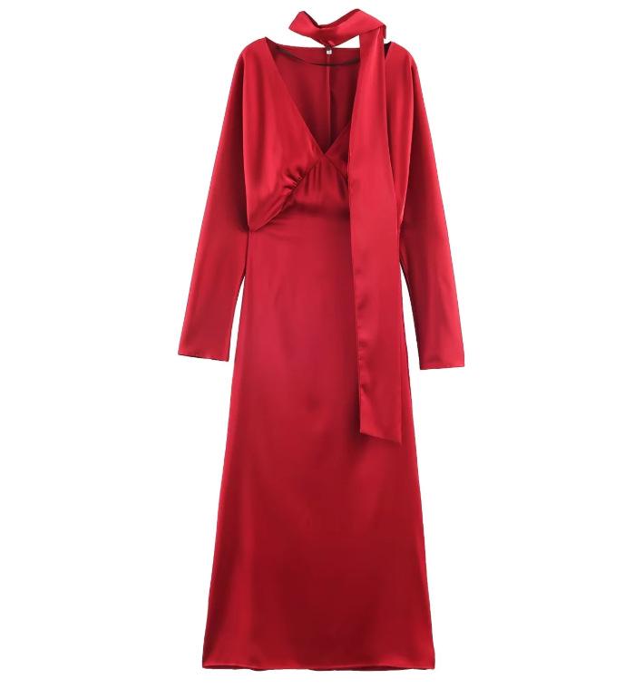 European American Women's Silk Satin Scarf Dress - Fashionable and Slim-Fitting with Chic Temperament