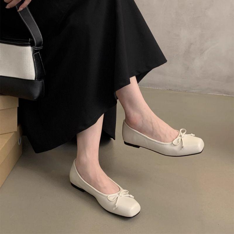 Gentle Bow Ballet Shoes Spring and Autumn New Square Head Small Leather Shoes Shallow Mouth Beanie Shoes Single Shoes Women