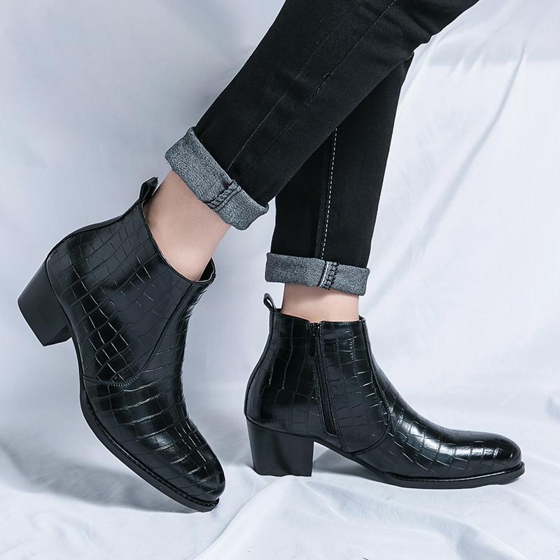 Classic Brown Men Dress Boots Pointed Zippers High Heel Boots For Men Leather Luxury Men High Top Formal Shoes Botas Para Hombre