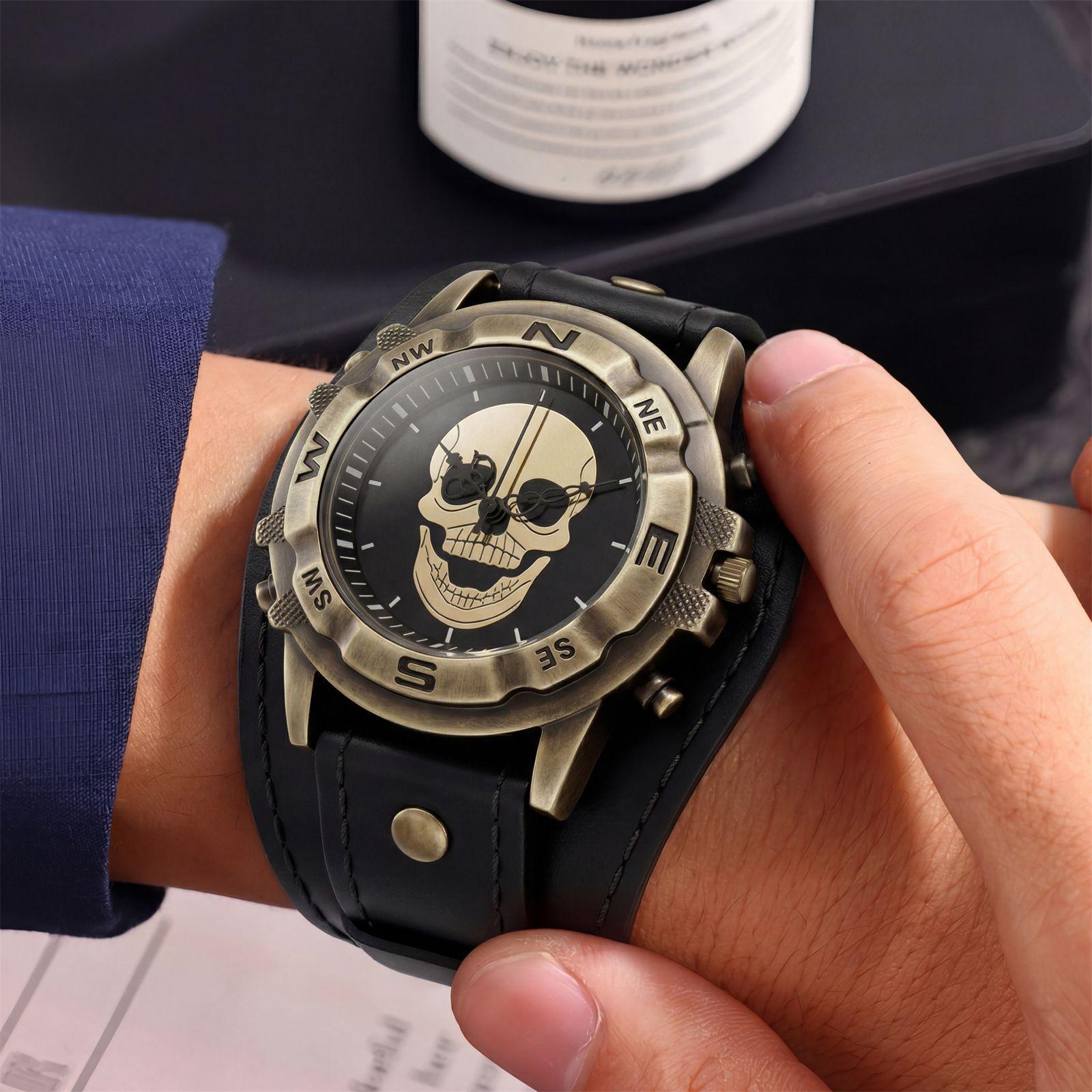 Men S Skull Retro Belt Quartz Watch Fashion Personality Watch Leather Large Dial Men S Watch чёрный